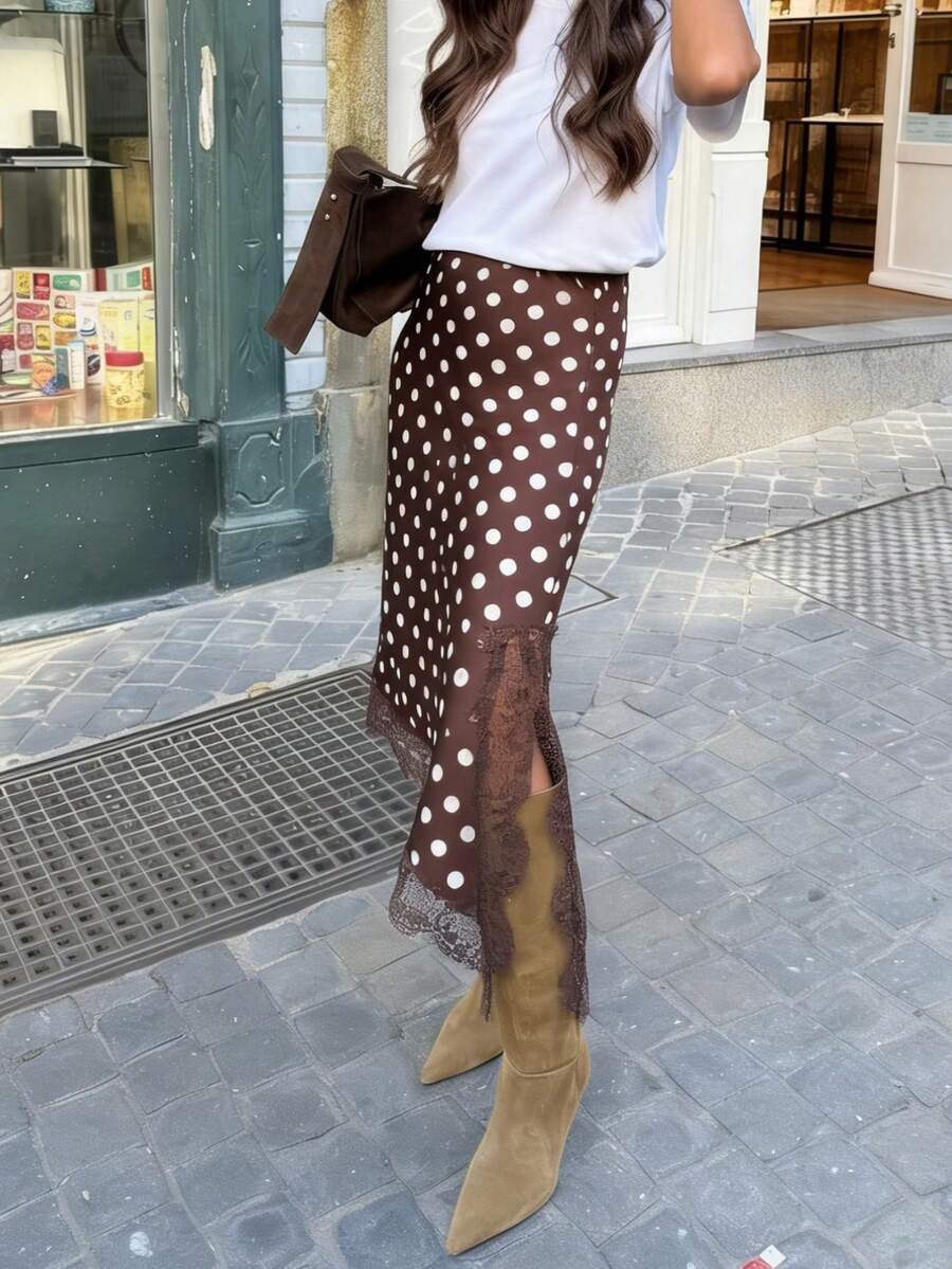 Women Lace Trim Satin Silk Midi Skirt Y2K Elegant Solid Color/Polka Dots Elastic Waist Irregular Hem Side Slit Bodycon Long Skirt Vintage A Line Going Out Skirts Party Club Beach Vacation Maxi Skirt Streetwear - 卡其色 - 查看 1