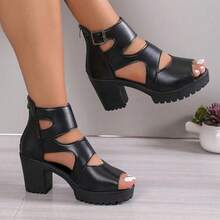 Giày sandal đế dày chống thấm nước, kiểu dáng La Mã, hở mũi, chất liệu da thật, mẫu mới mùa hè 2025 dành cho nữ, đa năng, nhiều size. - màu đen - Xem 2
