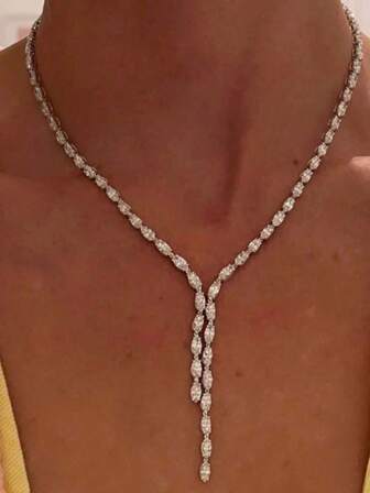 1 pieza Collar largo de cristal de rhinestone plateado, adecuado para uso diario