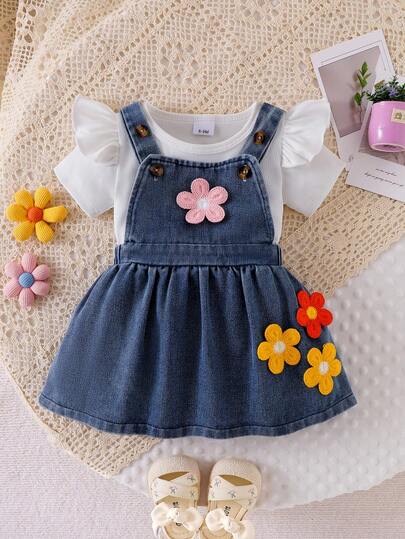 2pcs Baby Girl Solid Color Casual Flare Sleeve Top And Embroidered Denim Pinafore Dress Set