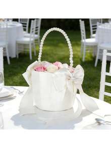 1pc Elegant Large Bow Faux Pearl Handle Confetti Basket - Satin Round Party Decor, Ruffled Trim, , Suitable For Valentine's Day, Wedding, Proposal