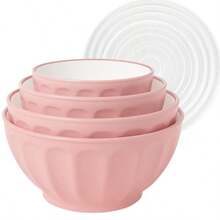 BoxedHome - Juego de cuencos para mezclar con tapas 4 unidades grandes de plástico de 0.2 pulgadas de grosor apto para microondas tamaño 1.37 2.32 3.8 y 5.07 cuartos de galón color rosa - Rosadogrande - Ver 1