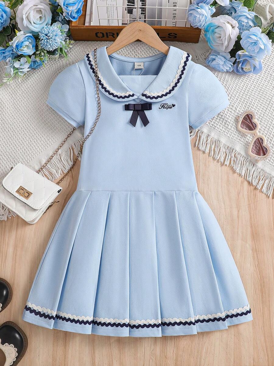 Girls' Summer Short Sleeve Collared Dress, School Style - Baby Blue - View 1