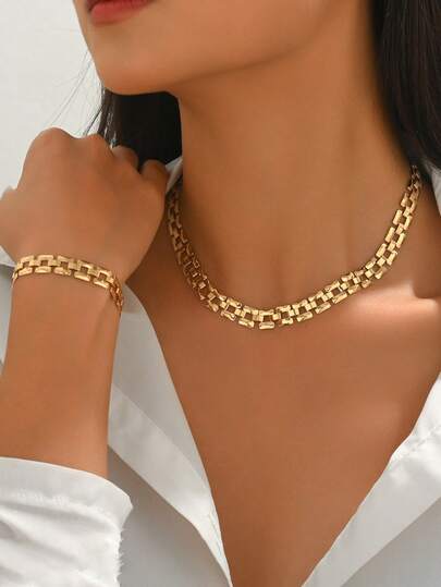 2pcs/Set Fashionable Minimalist Metal Watch Chain Necklace & Bracelet Combo, Elegant Accessory Set For Women, Suitable For Daily Wear And Parties, Also Great As Gift For Friends And Family