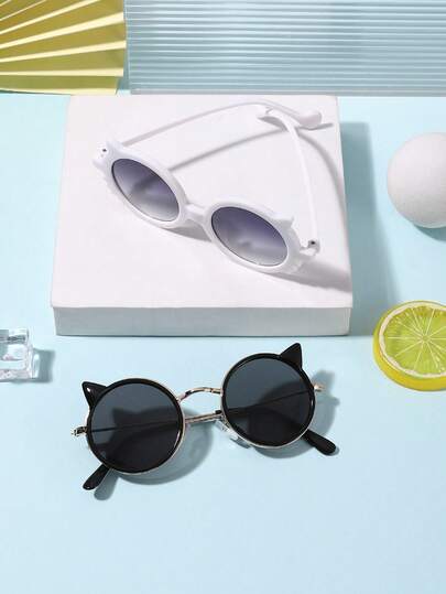 1SET 2PCS Boys' And Girls' 9-12Y Polycarbonate Metal Cat Glasses Frame Round Frame Vintage,Retro Gold Gray White Double Gray For Outdoor Activities, Festival Gifts With Glasses Box