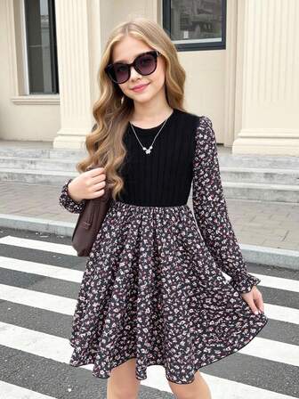 女童及青少年复古碎花拼接长袖收腰优雅连衣裙，秋冬款