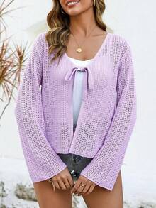 Womens Crochet Cardigan Tie Front Lightweight Mesh Knit Long Sleeve Beach Cover Up - 紫色 - 查看 2