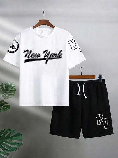 Young Boy Summer Casual Letter Print Short Sleeve T-Shirt And Shorts