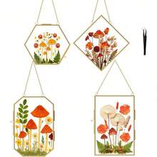 Pressed Flower Frames With Tweezers, Wall Hanging Double Glass Picture Frames With Chain For Dried Flowers Plants Wall Decor,Only Frame (Gold-4PCS) BSDB053 - Vàng - 4 chiếc - Xem 1