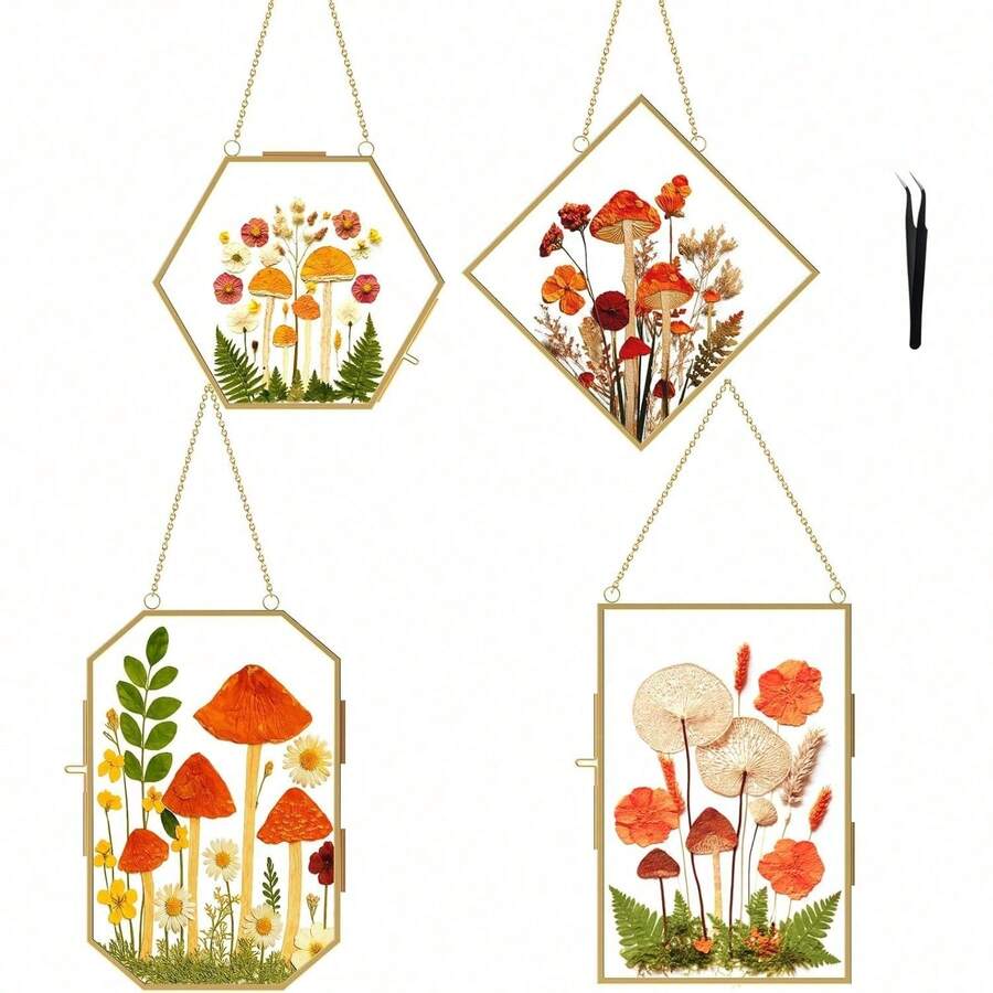 Pressed Flower Frames With Tweezers, Wall Hanging Double Glass Picture Frames With Chain For Dried Flowers Plants Wall Decor,Only Frame (Gold-4PCS) BSDB053 - Vàng - 4 chiếc - Xem 1
