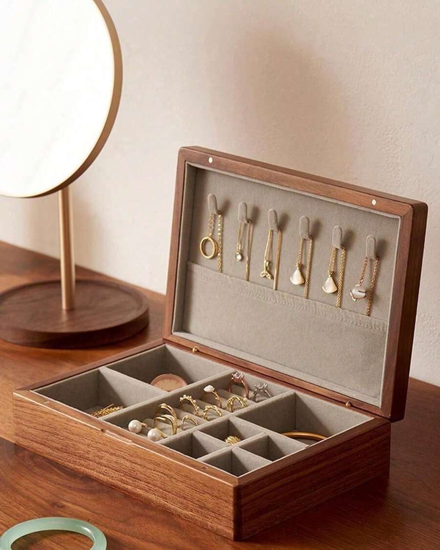Small Wooden Jewelry Box, Vintage Delicate Walnut Wood Jewelry Case, Ideal Gift For Man Women, Protable Travel Jewelry Organizer - 中灰色 - 查看 1
