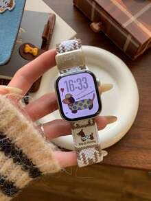1pc Creative Bear Hat Nylon Braided Watch Band, Suitable For Apple Watch S10 42/46mm, 49mm Extra Large Adjustable Magnetic Braided Strap - Oatmeal & White - View 18