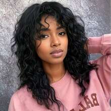 UFINE 18" Black Long Curly Wig With Bangs, High Temperature Fiber, 150% Density, Basic Style Suitable For Daily Wear And Parties - Black - View 10
