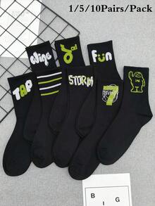1/5/10 Pairs Random Men's Street Letter & Stripe Pattern Socks, Black & White Mid-Calf Socks, Long Socks For Couples - Black - View 1
