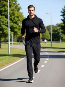 男士跑步连帽T恤，运动休闲健身长袖T恤，透气速干上衣，适合运动和户外活动，舒适时尚的设计，适合积极的生活方式 - 黑色 - 查看 5