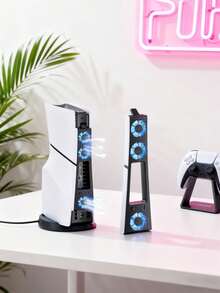 适用于PS/5 Slim游戏机的通用高效散热风扇 - 内置3个高速风扇，炫酷LED灯，静音降噪，USB接口，理想的节日礼物 - 黑色 - 查看 2