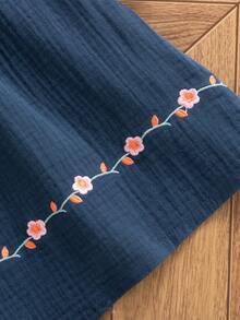 فستان صيفي أنيق للفتيات مع تطريز زهري وكشكشة، أكمام قصيرة + حقيبة كروس بودي للزينة، مناسب للاستخدام اليومي، الخارج، المدرسة، التنقل، العطلات - أزرق غامق - مشاهدة 8