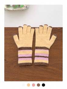 1 paire de gants tactiles arc-en-ciel doublés de thermique, moufles tricotées chaudes à cinq doigts pour femmes, automne/hiver, convient pour le cyclisme, la conduite, la moto - Gants en polaire à rayures colorées - Voir 10