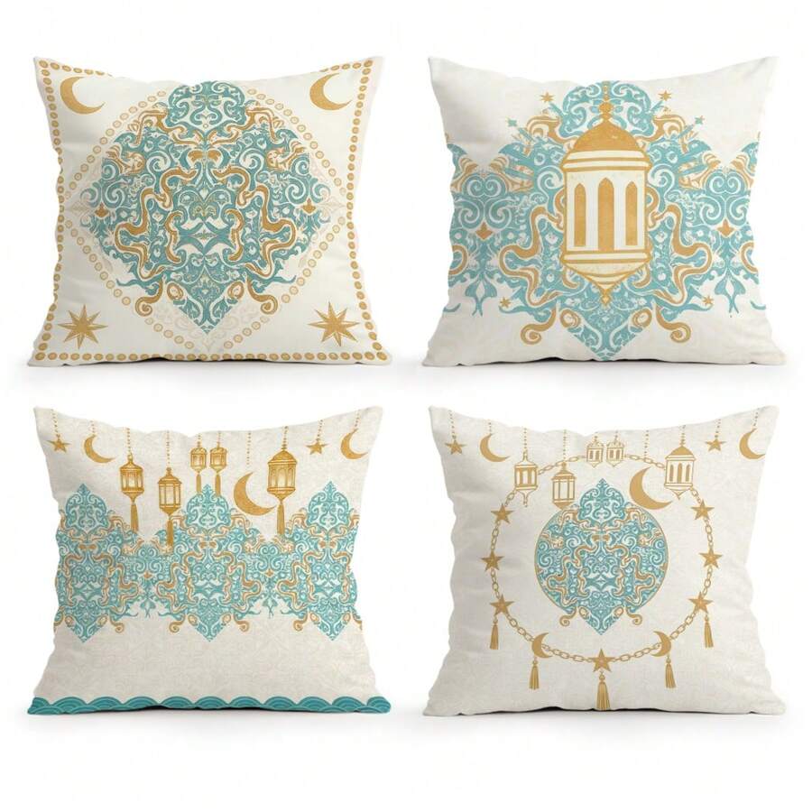 4pcs Ramadan Blessing Blue & Gold Classic Floral Lantern & Crescent Moon Decorative Pillow Covers, Single-Sided Print, Suitable For Living Room, Bedroom, Home Decor, All Seasons