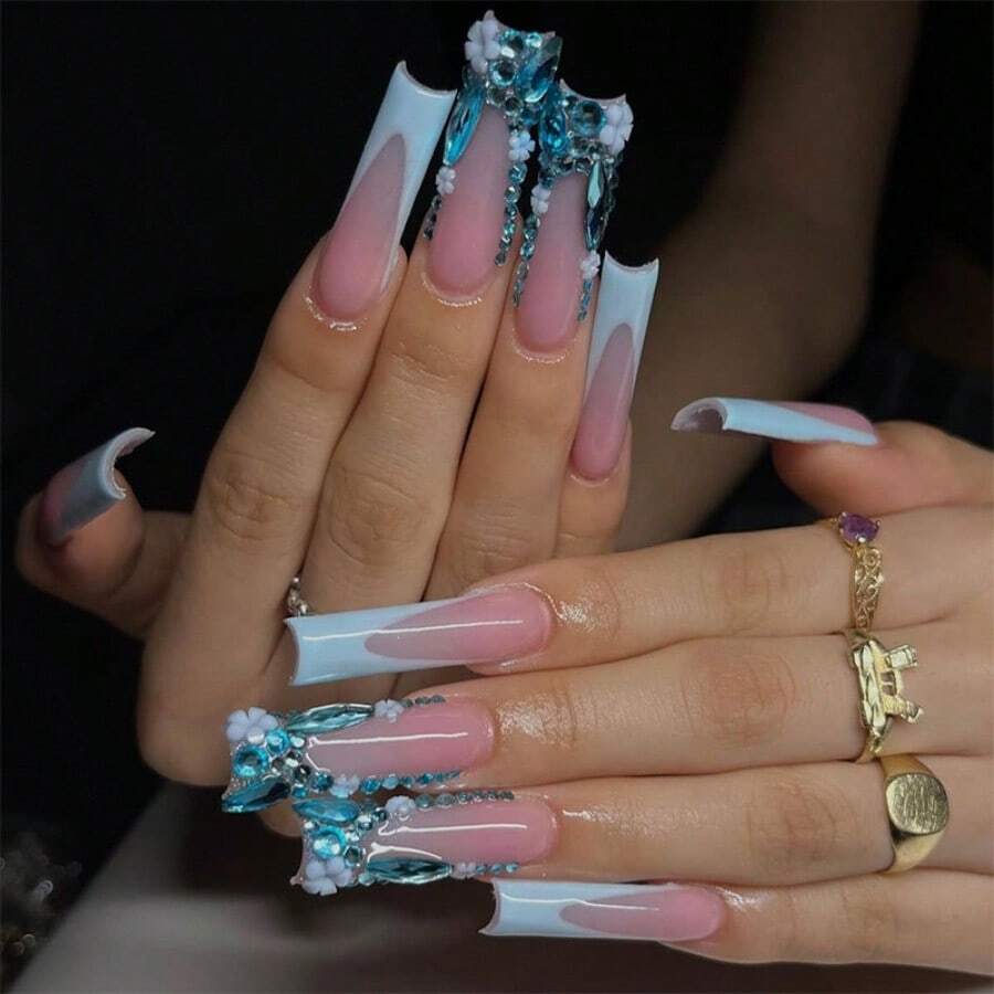 A 24-Piece Wearing Armor Blue French Edge Flower Rhinestone Ins Wind Advanced Sense Fake Nails - 藍色 - 查看 1