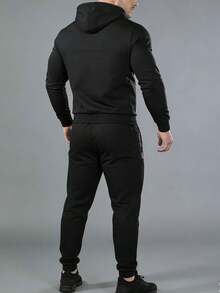 男士薄款连帽卫衣外套和运动裤套装，休闲户外旅行跑步健身运动服，春秋季黑色 - 黑色 - 查看 7