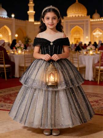 女童优雅奢华长裙，天鹅绒串珠亮片网纱蓬蓬裙正式礼服，婚礼花童礼服