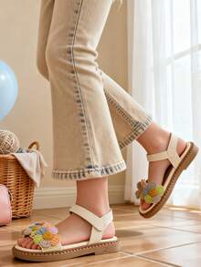 1双女童钩针花卉装饰仿皮防滑露趾踝带平底凉鞋，甜美粉彩色，适合日常休闲和夏季玩耍 - 米色 - 查看 5