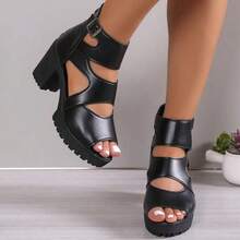 Giày sandal đế dày chống thấm nước, kiểu dáng La Mã, hở mũi, chất liệu da thật, mẫu mới mùa hè 2025 dành cho nữ, đa năng, nhiều size. - màu đen - Xem 3