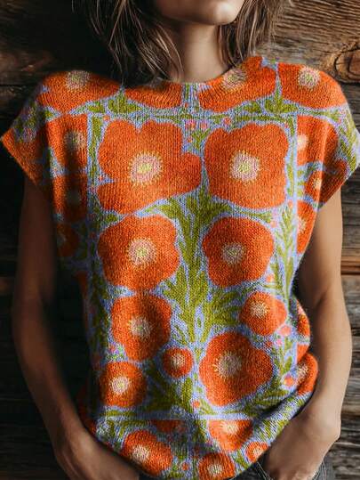 2026 Spring Summer New Arrival Retro Fresh Women's Top - Orange Red Big Flower Print Blue Green Base Sleeveless Knit Top