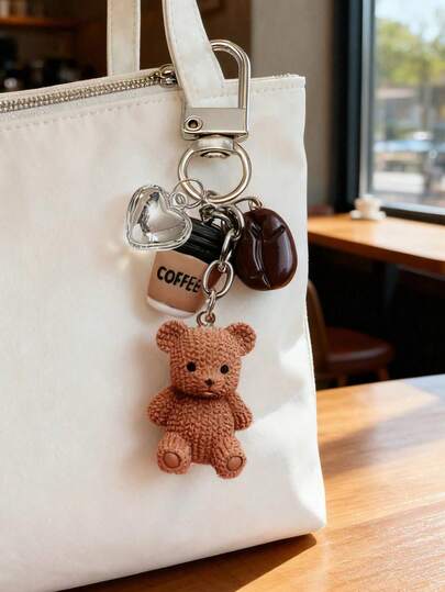 1pc Coffee & Teddy Bear Keychain Pendant, Cute & Unique Bag & Key Decor! Featuring Knitted Teddy Bear, Mini Coffee Cup, Coffee Beans And Shiny Heart Charm, Mini Resin Bag Charm, Fashion Accessory, Home Key Chain, Bag Decoration, Earphone Hanger, Phone Case Charm, Car Key Chain, Bag Pendant, Suitable For Handbag/Backpack/Notebook Decoration And Key Chain Accessories, Holiday/Birthday Gift
