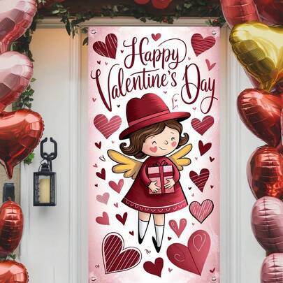 Bandera de puerta 2D, plana 2D, 1 pieza Bandera de puerta del Día de San Valentín - Cupido con corazones, cubierta de puerta de poliéster de 35.4"X70.8" con texto "Feliz Día de San Valentín" y globos de corazón rojo, decoración de fiesta interior/exterior, fácil de instalar, adecuada para decoración del hogar, oficina o evento