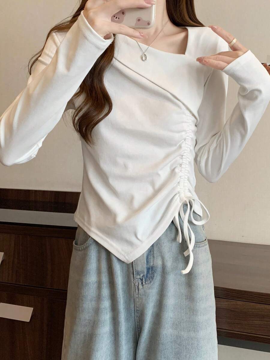 女士纯色不对称收腰褶裥长袖T恤,休闲日常穿着,春秋季白色 - 白色 - 查看 1