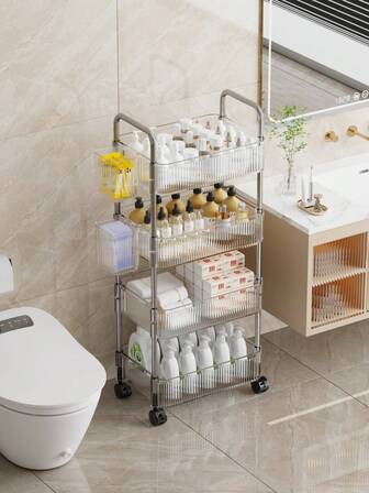 1 st flerskiktsförvaringsställ i akryl med hjul, multifunktionell mobil förvaringsvagn, badrumsorganisatör med stor kapacitet, kosmetikaorganisatör, design i flera nivåer sparar utrymme, botten med 360-graders svängbara hjul, enkel montering, avtagbar för olika scener, sidokrokar för hängande korgar