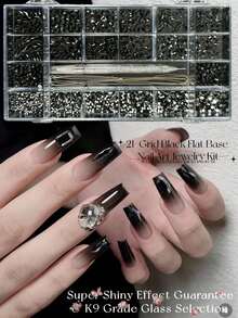 KIRAME 21-Grid DIY Nail Art K9 Glass Black Flat Bottom Rhinestone Set - 30pcs High Gloss Rhinestones Per Style, Includes 1 Dotting Pen, 2 Nail Chains, Nail Gems, Suitable For Nail Salons, Home Manicure, Nail Supplies, Christmas, New Year, Valentine's Day Nails, Holiday Gifts, Also For Crafts, Clothing, Textiles, Shoes, Glassware, Jewelry Making - Multi-Size Shiny Decorations - 黑色 - 查看 2