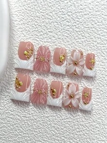 10pcs Romantic & Elegant Press-On Nail Stickers, Featuring Gold Glitter Starfish, Seashells, White Round Rhinestones, White 5-Petal Flowers Accented With Gold Rhinestones, Solid Color Water Wave Nail Art Decals, Shimmery Light Pink Nails Nail Supplies Handmade Press On Nails - 彩色 - 查看 2