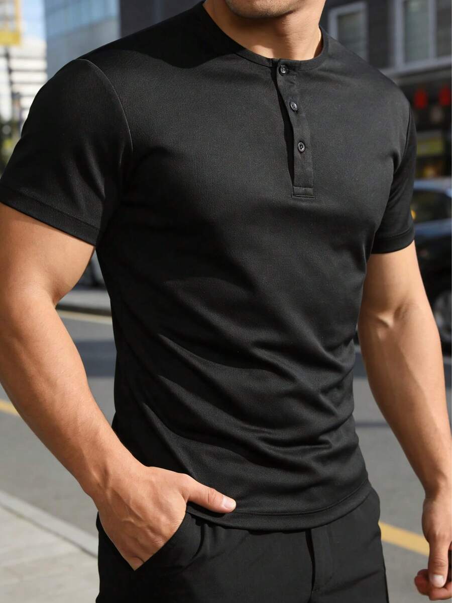 Men's Casual Short Sleeve Henley T-Shirt, Summer - Black - View 1