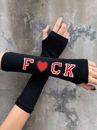 J-Fashion Y2K Retro Contrast Color English Letter Print Red Fingerless Arm Sleeves