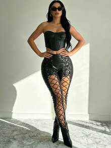 Women Sexy Party PU) Leather Grommet Eyelet Lace Up Pants For Stage & Concert,Cropped Length - 黑色 - 查看 9