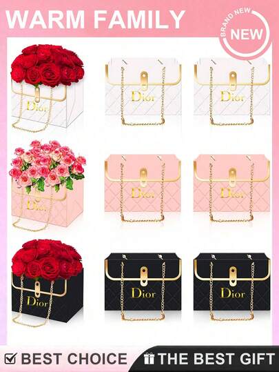 M.Dior 1pc Elegant Rose Paper Gift Box, Durable Wedding Flower Bouquet Storage Bucket With Metal Chain, Ideal For Flower Arrangement, Gift Packaging And Wedding Favor Baskets, Perfect For Birthday, Holiday, Party, Valentine's Day, Christmas And Halloween Celebrations.