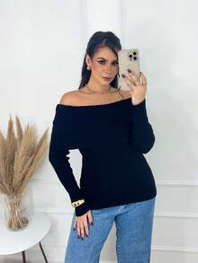 Women's Off-Shoulder Knit Sweater With Long Ribbed Sleeves, Modern Casual Style, Winter Fashion. - Black - View 4