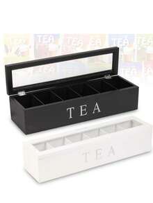 Caja organizadora de madera negra elegante con 6 compartimentos para bolsas de té - Caja de almacenamiento con tapa abatible para cápsulas de café y joyas, adecuada para cocina, cafetería y exhibición en bar - Multicolor - Ver 8