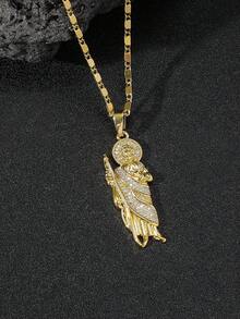 1件男士奢华嘻哈风锆石圣像吊坠项链，微镶锆石3D圣犹达雕像吊坠项链，适合宗教场合和嘻哈时尚装扮 - 金黃色 - 查看 5