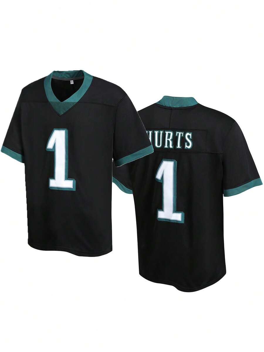 男士黑色美式橄榄球球衣休闲短袖刺绣V领T恤，派对及运动服饰 - 黑色 - 查看 1