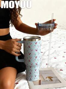 1pc Cute Cherry, 1200ml (40oz) Large Capacity Handled Tumbler, Insulated Mug, Travel Mug, Stainless Steel Vacuum Insulated Cup, Suitable For Travel, School, Office, Outdoor, Gym, Home, Valentine's Day, Holiday, Birthday Gift (With Straw) - Multicolor - View 6