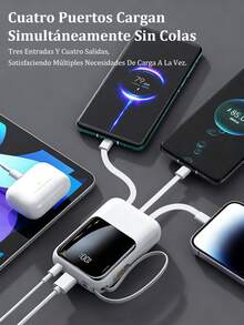 Mini Cargador Portátil Rápido de 20000Mah 5V2A, Cargador de Teléfono Multifuncional de Alta Capacidad, Cable Desmontable 4 en 1, Luces LED Ultra Brillantes, Batería Esencial para Viajes, Pantalla Inteligente Digital, USB-C - Blanco - Ver 4