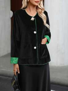 Spring New Fashion Velvet Patchwork Plus Size Women Jacket - Black - View 2