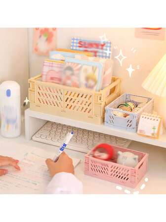 Foldable Storage Basket, Desktop Organizer Rack With Handle, Available In Various Soft And Vibrant Colors, Plastic Material, Suitable For School Supplies, Home Storage, Room Decor, Space Saving, Shelving, Desktop Organization, Essential Home Storage Solution, Versatile Use, Ideal For Dorm Decor, Back To School Season