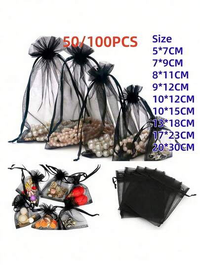50/100pcs Black Organza Gift Bags, Candy Bags For Tableware, Halloween, Christmas, Home Decor, Wedding Party, Holiday Events And Parties, Suitable For Various Festivals, Parties, Birthdays, Weddings, Gifts, Outdoor Picnics, Valentine's Day, Wedding Favors, Candy Bags, Jewelry Packaging Organza Bags, Candy Bags, Travel Storage Packaging Bags, Holiday Gift Bags