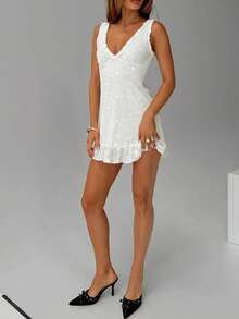 Women Summer Y2K Tie Back Mini Dress Frill Trim Sleeveless V Neck Floral Print Ruched Bust Bodycon Short Party Sun Dress Going Out Party Club Beach Vacation - 白色 - 查看 2