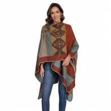 Shawl Wraps For Women, Elegant Knitted Cape Open Front Poncho Scarf Blanket Cardigan Coat For Spring, Autumn, And Winter,OrangeBlue2 - 橘藍2 - 查看 5